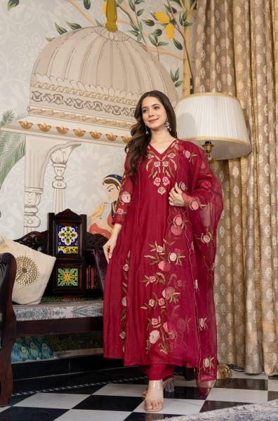 Unmatched Burgundy Color Muslin Embroidered Kurta Set with Dupatta Anarkali Kurtis 