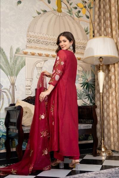 Unmatched Burgundy Color Muslin Embroidered Kurta Set with Dupatta Anarkali Kurtis 