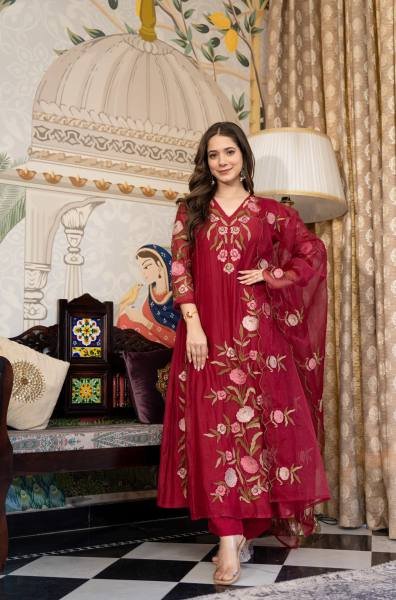 Unmatched Burgundy Color Muslin Embroidered Kurta Set with Dupatta Anarkali Kurtis 