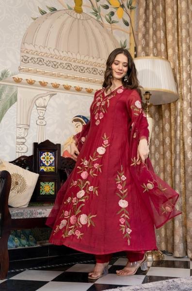 Unmatched Burgundy Color Muslin Embroidered Kurta Set with Dupatta Anarkali Kurtis 