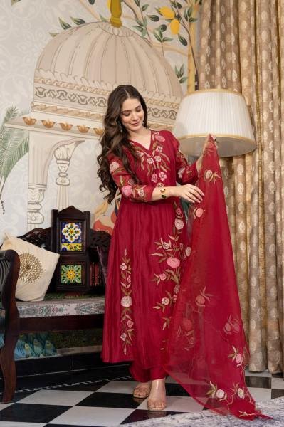 Unmatched Burgundy Color Muslin Embroidered Kurta Set with Dupatta Anarkali Kurtis 