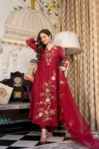 Unmatched Burgundy Color Muslin Embroidered Kurta Set with Dupatta Anarkali Kurtis 
