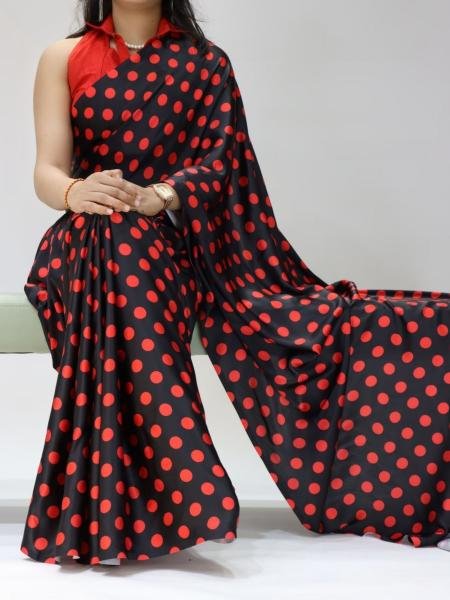 Unmatched Japan Satin Saree with All-Over Dot Print and Mono Banglory Blouse Sarees 