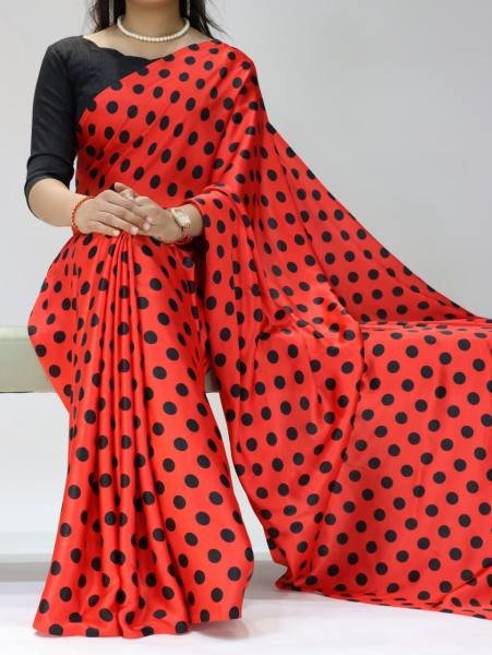 Unmatched Japan Satin Saree with All-Over Dot Print and Mono Banglory Blouse Bollywood Fancy Sarees Wholesale