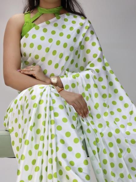 Unmatched Japan Satin Saree with All-Over Dot Print and Mono Banglory Blouse Bollywood Fancy Sarees Wholesale