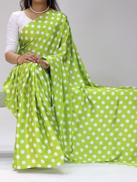 Unmatched Japan Satin Saree with All-Over Dot Print and Mono Banglory Blouse Bollywood Fancy Sarees Wholesale