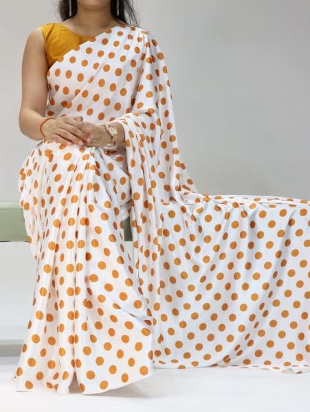 Unmatched Japan Satin Saree with All-Over Dot Print and Mono Banglory Blouse Bollywood Fancy Sarees Wholesale