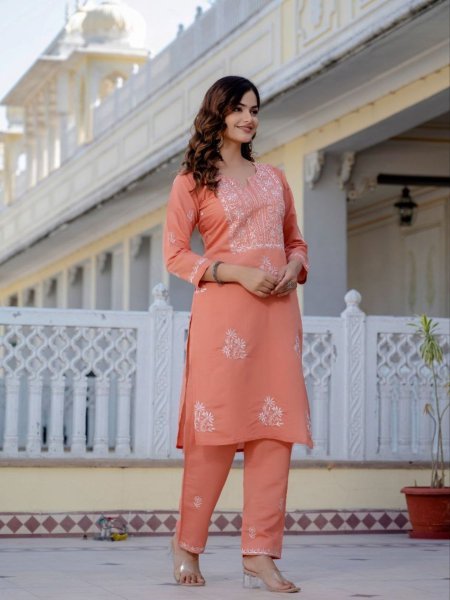 Unmatched Peach Roman Silk Embroidery Work Kurti Bottom Set for Women Premium 2 Piece Suit Kurtis