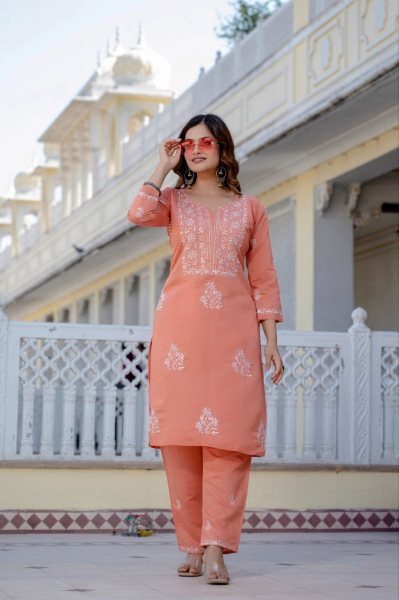 Unmatched Peach Roman Silk Embroidery Work Kurti Bottom Set for Women Premium 2 Piece Suit Embroidery Kurtis 