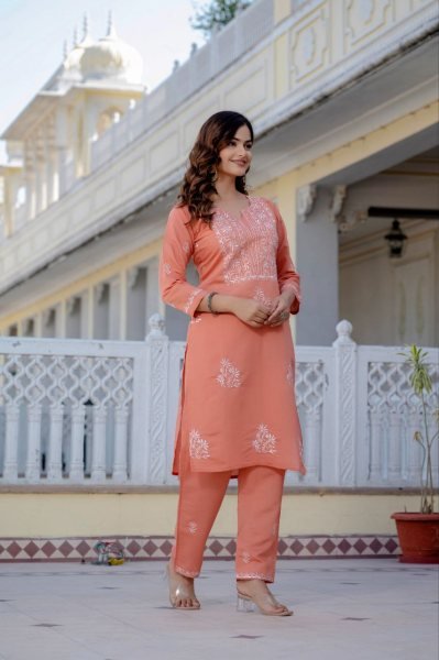 Unmatched Peach Roman Silk Embroidery Work Kurti Bottom Set for Women Premium 2 Piece Suit Embroidery Kurtis 