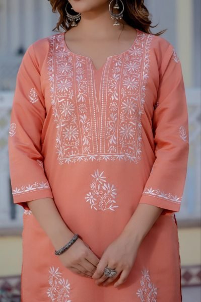 Unmatched Peach Roman Silk Embroidery Work Kurti Bottom Set for Women Premium 2 Piece Suit Embroidery Kurtis 