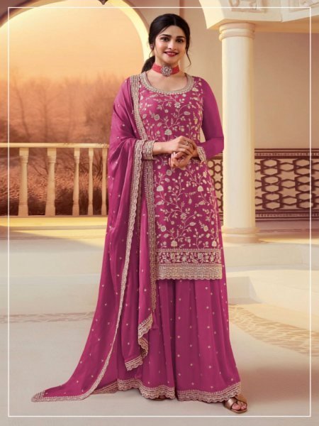 Unmatched Pink Chinon Silk Dress Material with Embroidered Bottom and Dupatta 