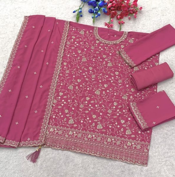 Unmatched Pink Chinon Silk Dress Material with Embroidered Bottom and Dupatta Designer Plazzo Salwar Suits Wholesale