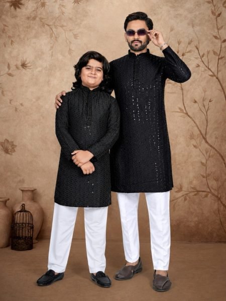 Unparalleled Black Chikankari Kurta Pajama Set for Men and Boys at Manufacturer Rate Father Son Collection 