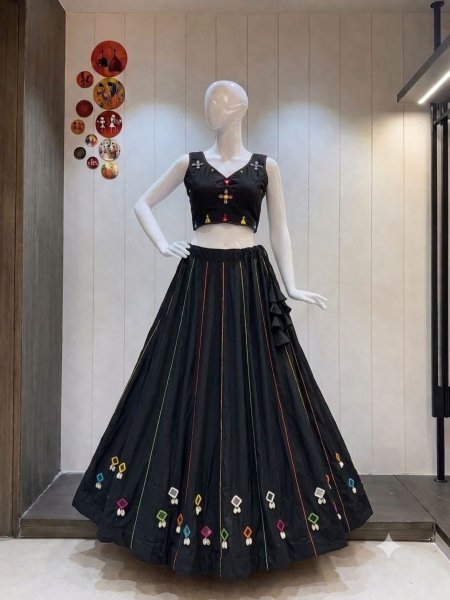 Unparalleled Black Rayon Cotton Navratri Lehenga Choli with Real Mirror Work For Navratri   Lehenga