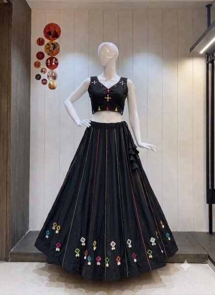 Unparalleled Black Rayon Cotton Navratri Lehenga Choli with Real Mirror Work For Navratri  Navratri Lehnega Choli