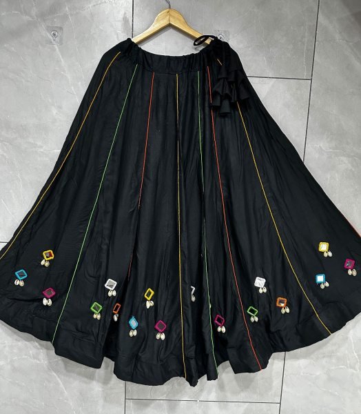 Unparalleled Black Rayon Cotton Navratri Lehenga Choli with Real Mirror Work For Navratri  Navratri Lehnega Choli
