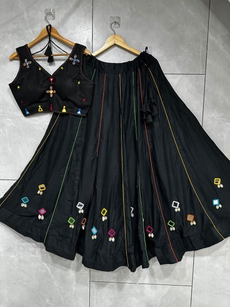 Unparalleled Black Rayon Cotton Navratri Lehenga Choli with Real Mirror Work For Navratri  Navratri Lehnega Choli
