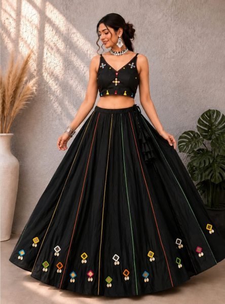 Unparalleled Black Rayon Cotton Navratri Lehenga Choli with Real Mirror Work For Navratri  Navratri Lehnega Choli