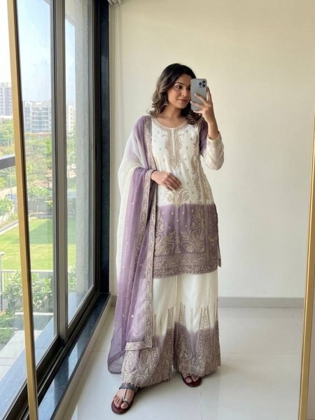 Unparalleled Dusty Pink Georgette Top Palazzo With Embroidery Work  
