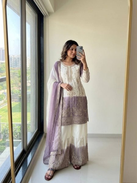 Unparalleled Dusty Pink Georgette Top Palazzo With Embroidery Work  Ready To Wear Collection