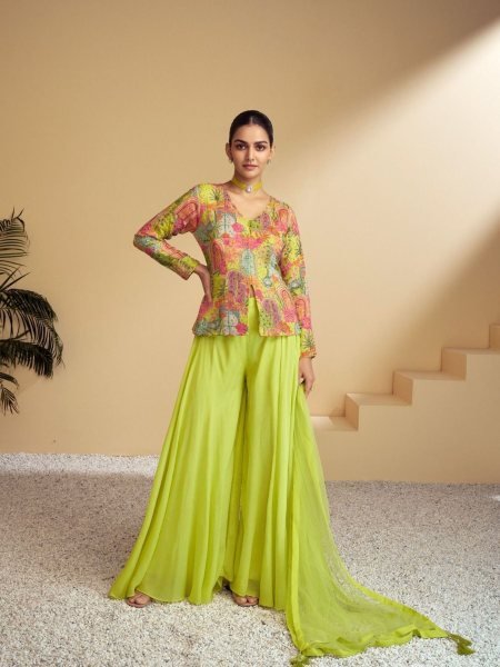 Unparalleled Green Designer Chinon Suit with Handwork Detailing for Women 