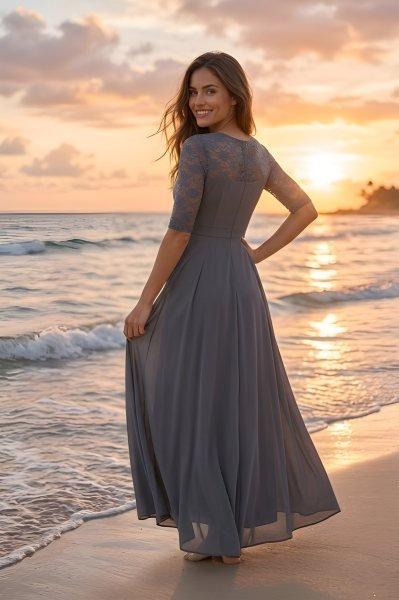 Unparalleled Grey Designer Net Maxi Dress with Round Neck for Casual and Party Wear Western Ladies Top Wholesale