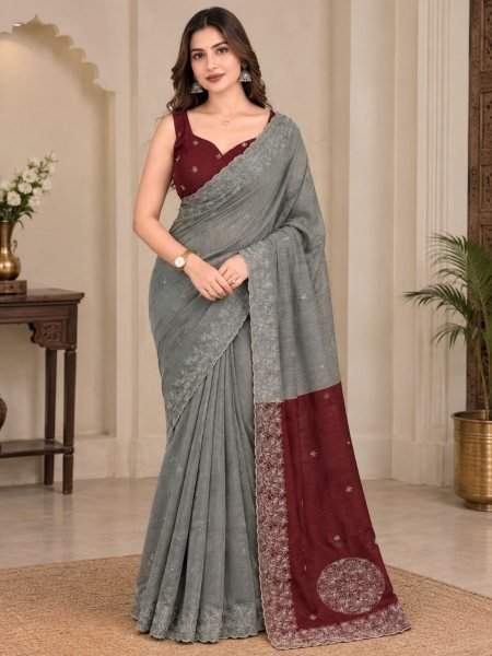 Unparalleled Grey Pure Mul Cotton Saree with Contrast Thread Embroidery and Cutwork Sarees 