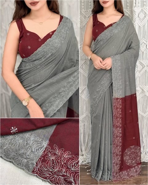 Unparalleled Grey Pure Mul Cotton Saree with Contrast Thread Embroidery and Cutwork Cotton Sarees Wholesale