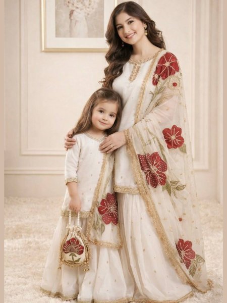 Unparalleled Ivory Mother-Daughter Twinning Set with Heavy Floral Embroidery Kurtis