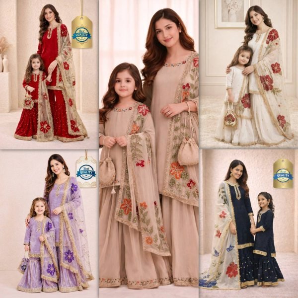 Unparalleled Ivory Mother-Daughter Twinning Set with Heavy Floral Embroidery Mom-Doughter Collection