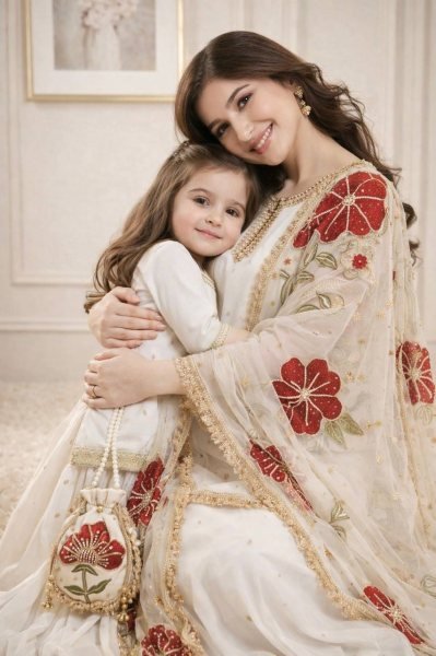 Unparalleled Ivory Mother-Daughter Twinning Set with Heavy Floral Embroidery Mom-Doughter Collection