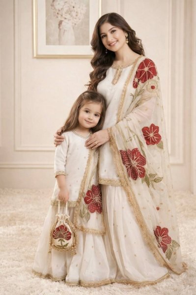 Unparalleled Ivory Mother-Daughter Twinning Set with Heavy Floral Embroidery Mom-Doughter Collection