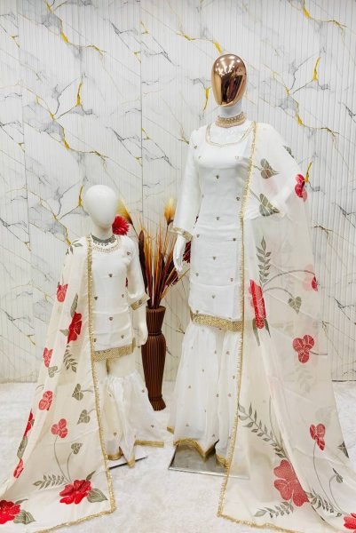 Unparalleled Ivory Mother-Daughter Twinning Set with Heavy Floral Embroidery Mom-Doughter Collection