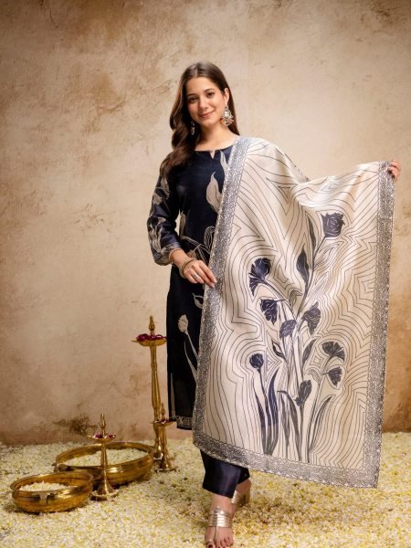 Unparalleled Navy Blue Soft Aasam Kurti Set with Floral Print for Women Printed Kurtis