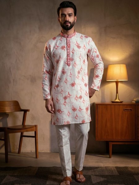 Unparalleled Pearl Pink Cotton Kurta Set With Embroidery Work For Festival Wear 