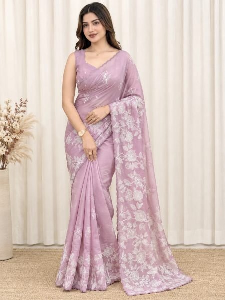 Unparalleled Pink Designer Mul Chiffon Saree with Full Saree Cutwork Embroidery Sarees 
