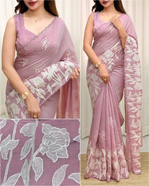 Unparalleled Pink Designer Mul Chiffon Saree with Full Saree Cutwork Embroidery Pure Chiffon Sarees Wholesale