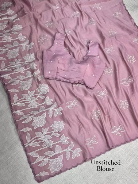 Unparalleled Pink Designer Mul Chiffon Saree with Full Saree Cutwork Embroidery Pure Chiffon Sarees Wholesale