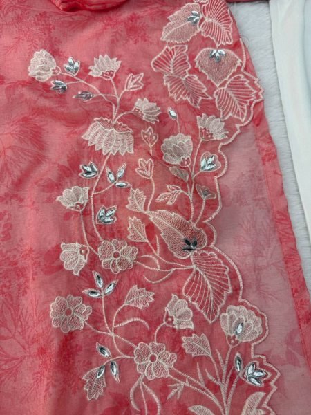 Unparalleled Pink Designer Organza Shrug with Rayon Pant and Cotton Inner Top Ready To Wear Collection
