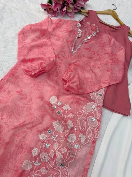Unparalleled Pink Designer Organza Shrug with Rayon Pant and Cotton Inner Top Ready To Wear Collection