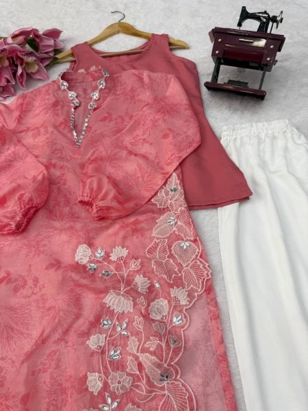 Unparalleled Pink Designer Organza Shrug with Rayon Pant and Cotton Inner Top Ready To Wear Collection