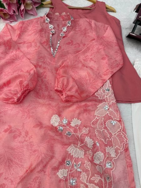 Unparalleled Pink Designer Organza Shrug with Rayon Pant and Cotton Inner Top Ready To Wear Collection