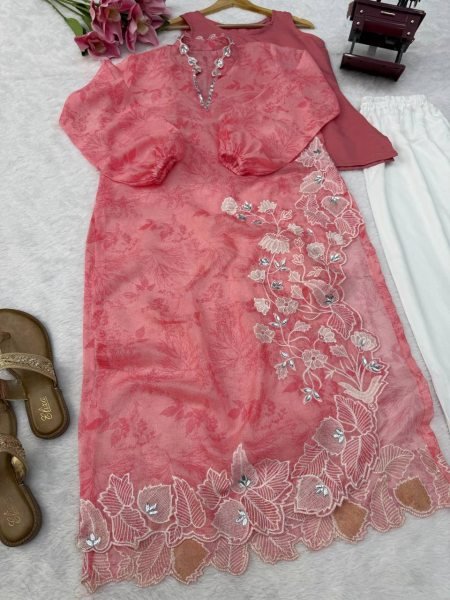 Unparalleled Pink Designer Organza Shrug with Rayon Pant and Cotton Inner Top Ready To Wear Collection