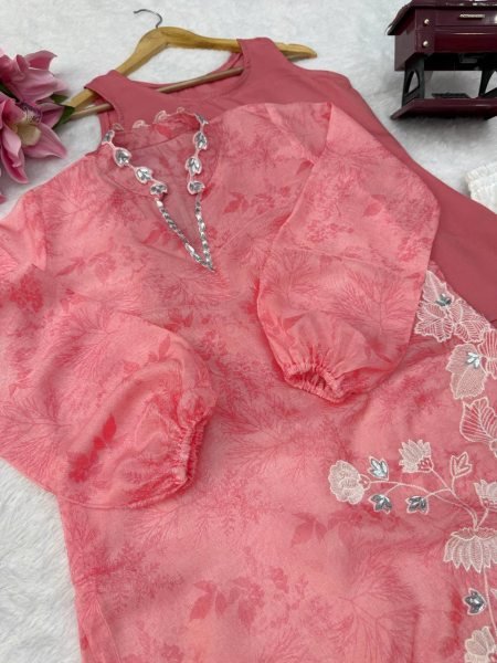Unparalleled Pink Designer Organza Shrug with Rayon Pant and Cotton Inner Top Ready To Wear Collection