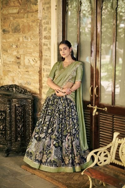 Unparalleled Pista Kalamkari Lehenga Collection at Manufacturer Price for Boutique Buyers Half Saree Lehenga