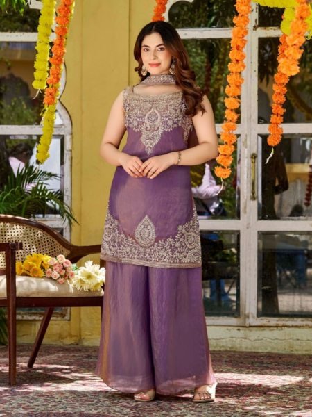 Unparalleled Purple Fendy Satin Three Piece Suit Set with Embroidery and Dupatta Kurtis