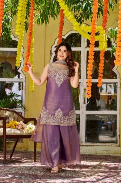 Unparalleled Purple Fendy Satin Three Piece Suit Set with Embroidery and Dupatta 3 Piece Kurti Set
