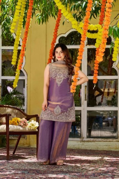 Unparalleled Purple Fendy Satin Three Piece Suit Set with Embroidery and Dupatta 3 Piece Kurti Set