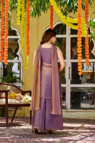 Unparalleled Purple Fendy Satin Three Piece Suit Set with Embroidery and Dupatta 3 Piece Kurti Set